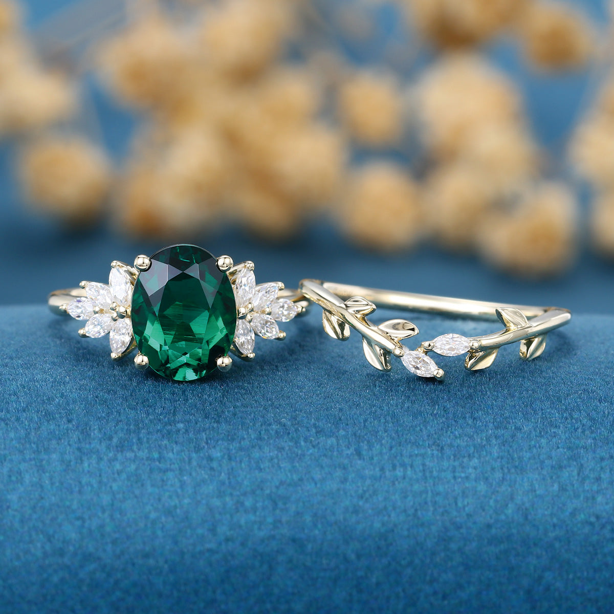 2.0Ct  Oval cut Lab Emerald Wedding Bridal Set