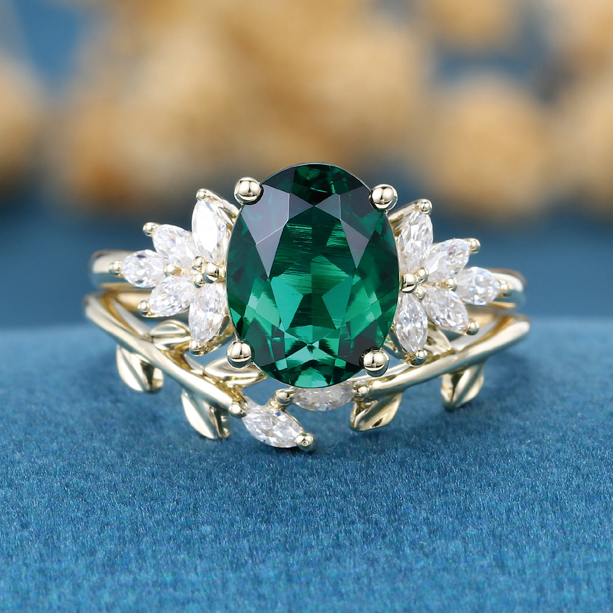 2.0Ct  Oval cut Lab Emerald Wedding Bridal Set