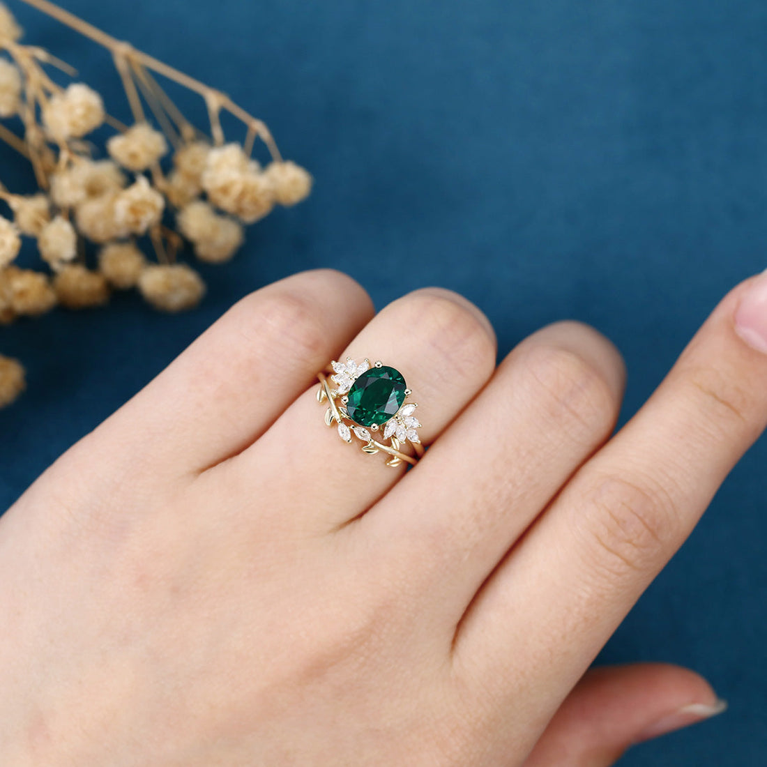 2.0Ct  Oval cut Lab Emerald Wedding Bridal Set