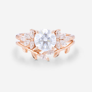 2PCS Round Moissanite Cluster Engagement ring Bridal Set