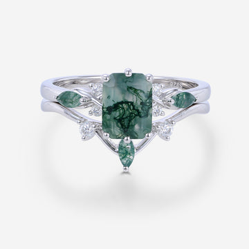 Emerald cut Moss Agate Matching Mossanite | Diamonds Gold Bridal Set