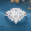 Emerald cut Moissanite Cluster Engagement ring Bridal Set