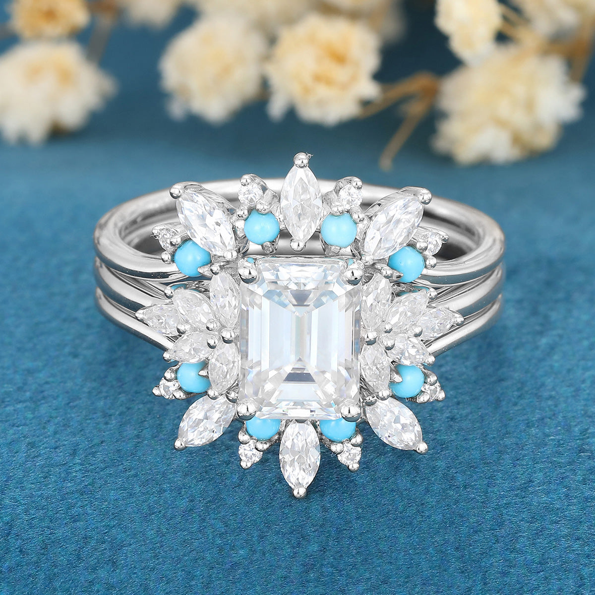1.7Carat Emerald Moissanite Cluster Engagement ring Bridal Set
