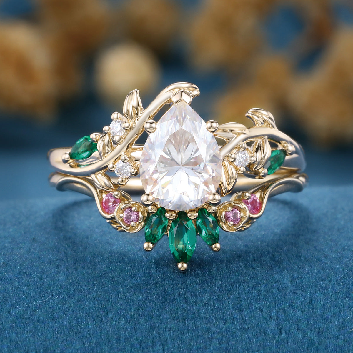 Pear Moissanite Engagement ring + Pink Sapphire | Lab Emerald Curved Wedding bridal set
