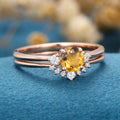 Round cut Citrine Cluster Engagement ring Bridal Set