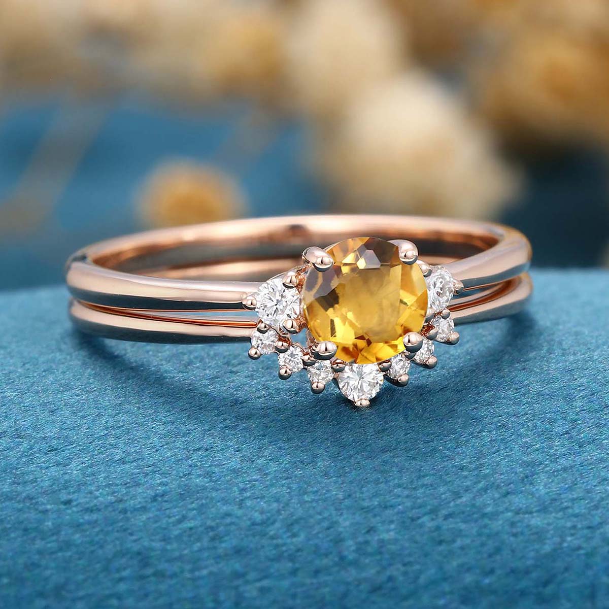 Round cut Citrine Cluster Engagement ring Bridal Set