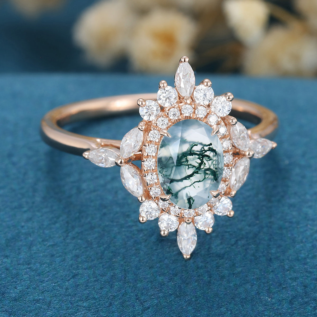 Oval Cut Natural Green Moss Agate Cluster Engagement Ring
