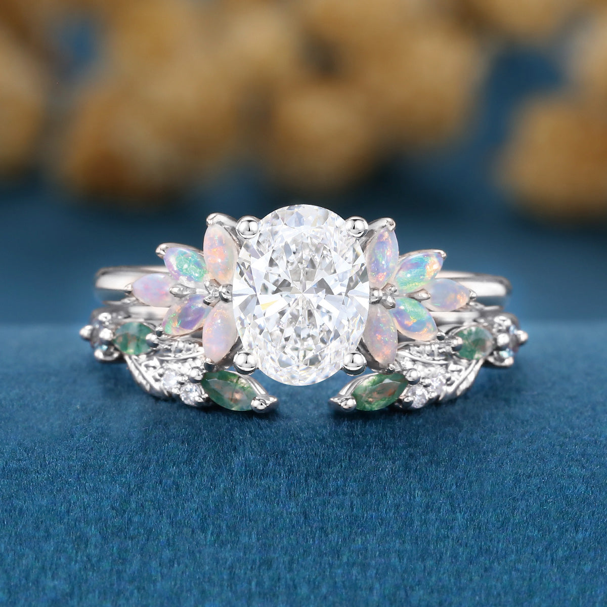 Oval cut Lab-Grown Diamond Engagement ring +Moss agate Wedding Bridal set