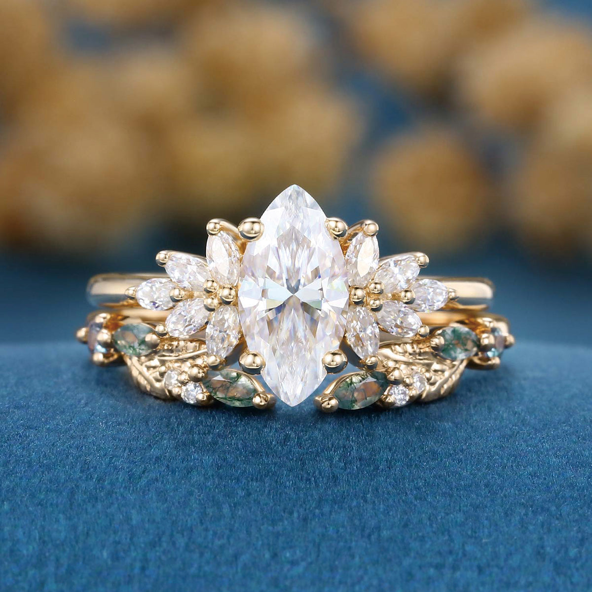 Marquise cut Moissanite Engagement ring +Moss agate Wedding Bridal set