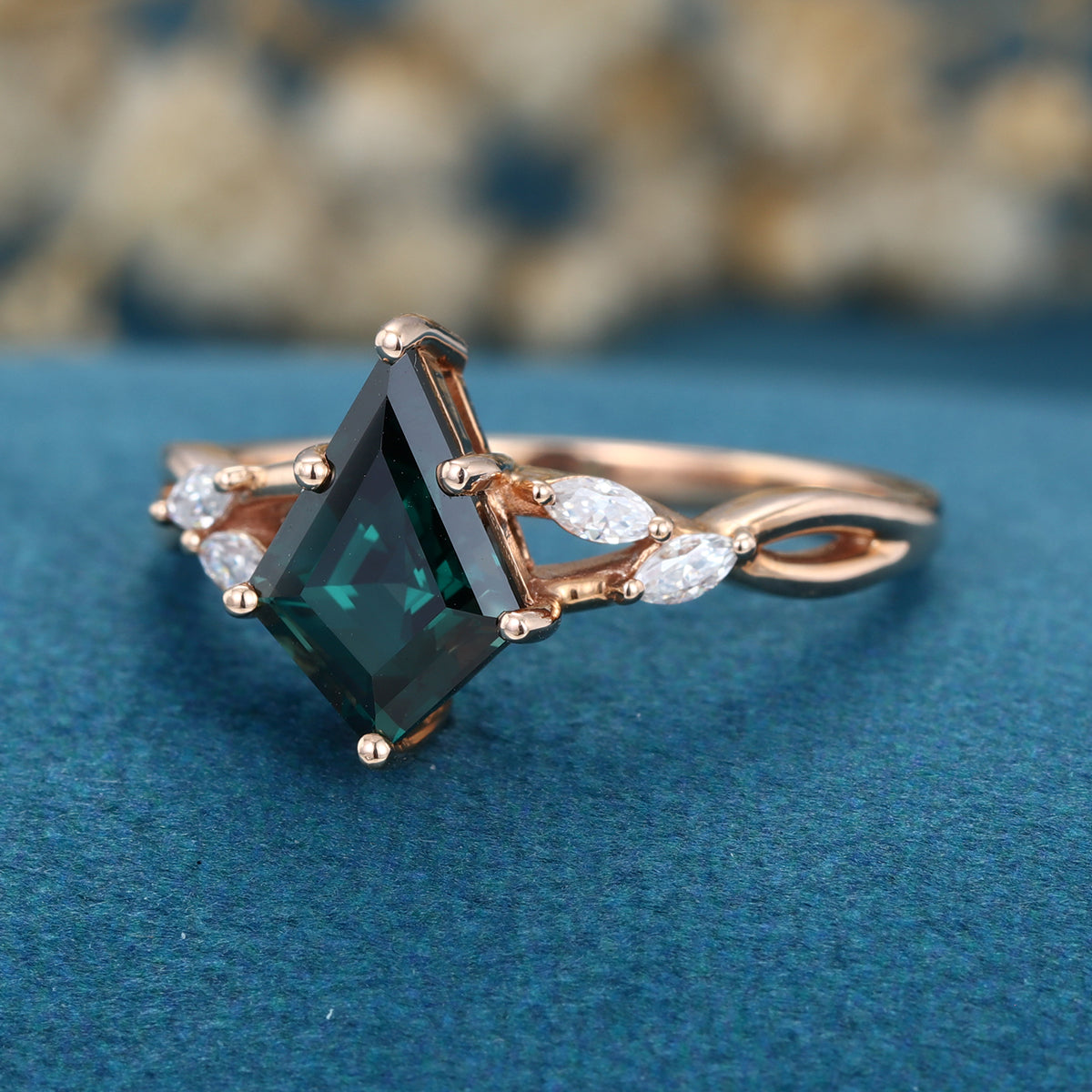 Kite cut Lab grown Blue green Sapphire Solid Gold Engagement Ring