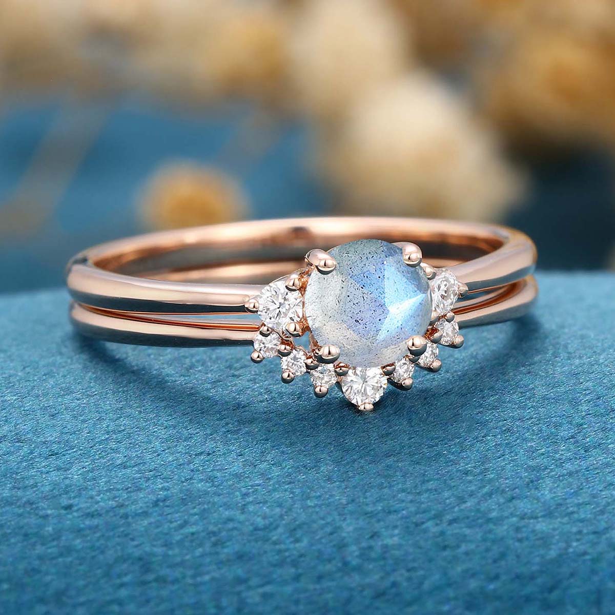 Round cut Labradorite Cluster Engagement ring Bridal Set