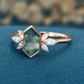Bezel setting Hexagon cut Moss agate Solid Gold Engagement Ring