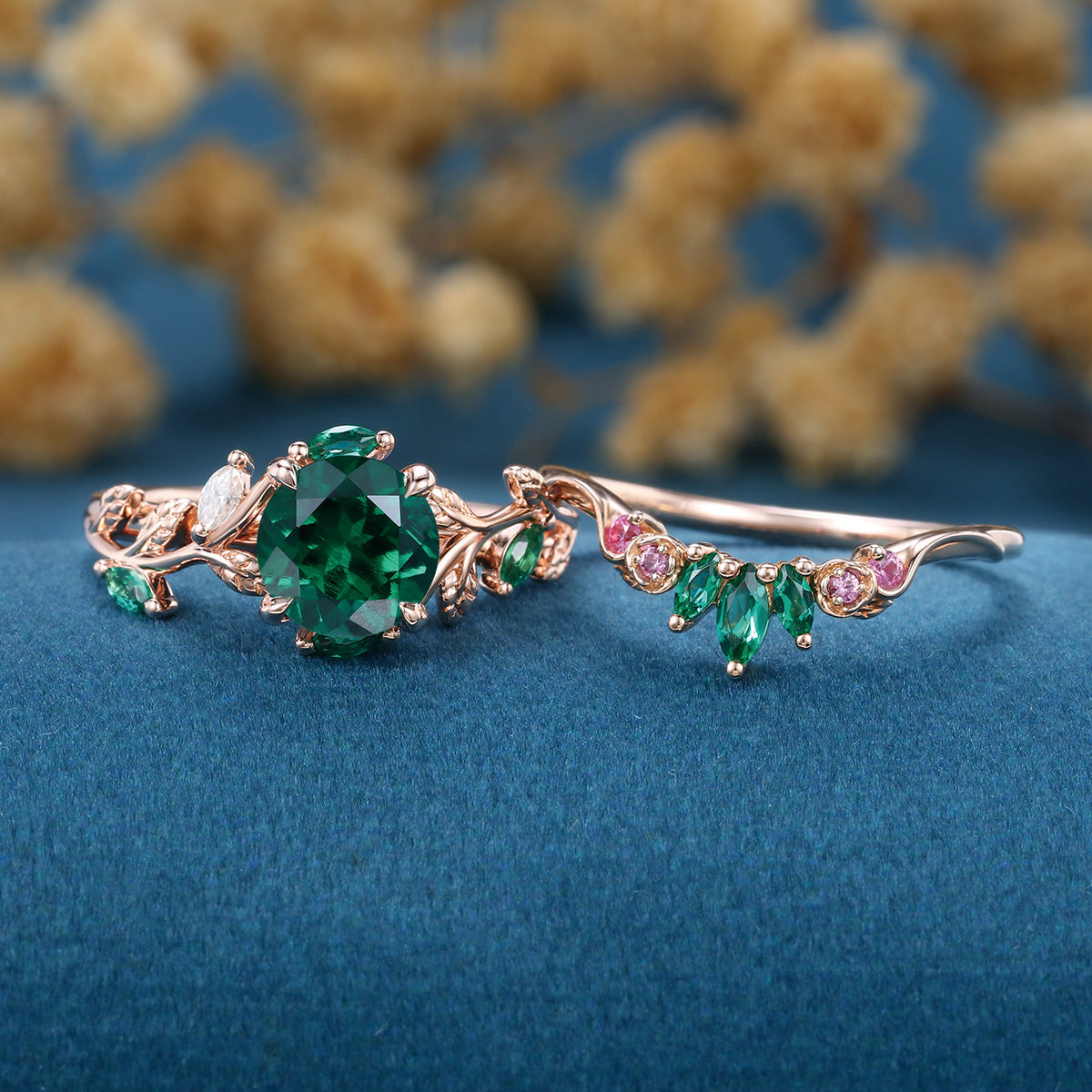 Round cut Lab Emerald  + Pink Sapphire | Emerald Wedding bridal set
