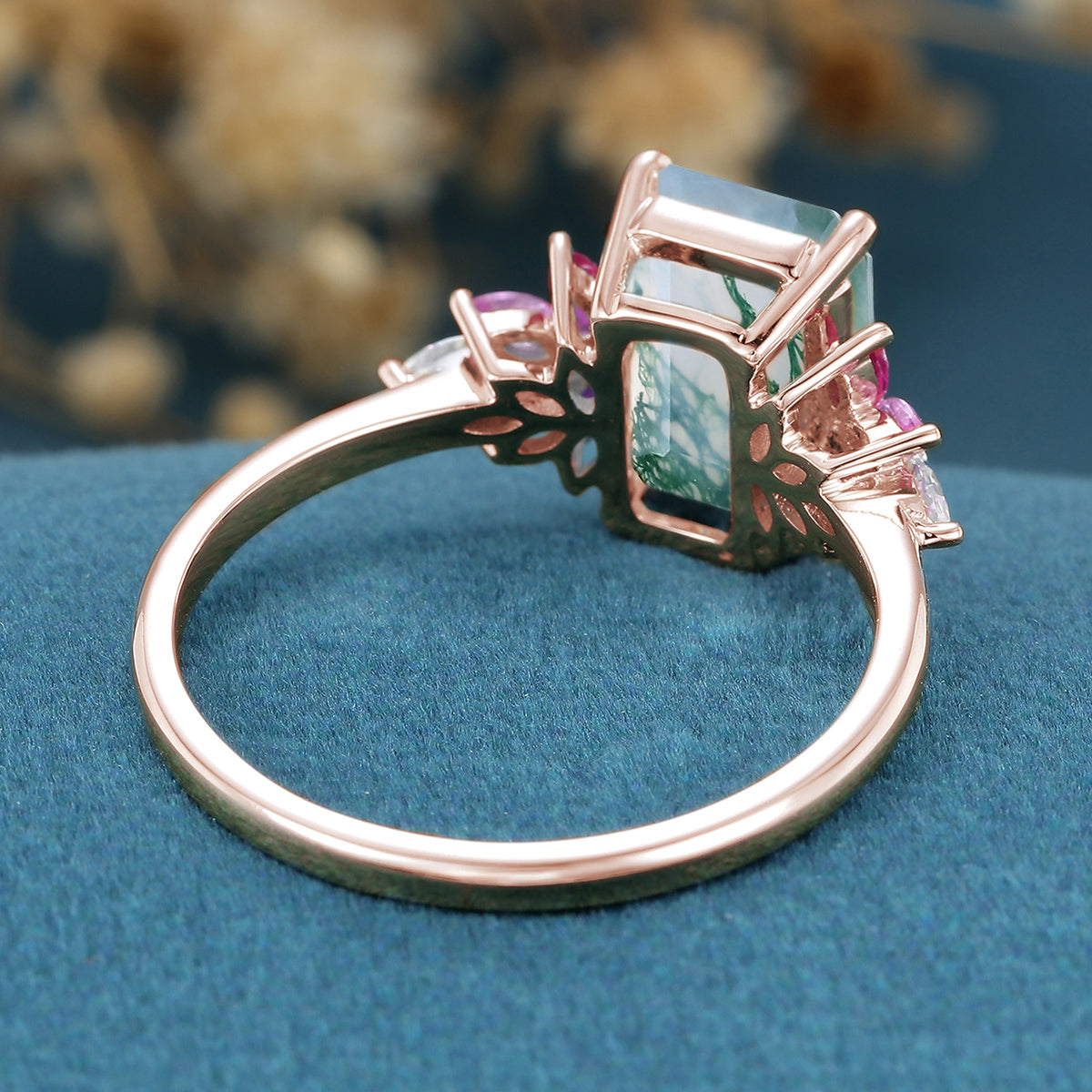 Radiant Cut Natural Green Moss Agate Cluster Engagement Ring