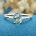Oval Cut Natural Green Moss Agate Cluster Engagement Ring