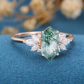 Long Hexagon Cut Natural Green Moss Agate Cluster Engagement Ring