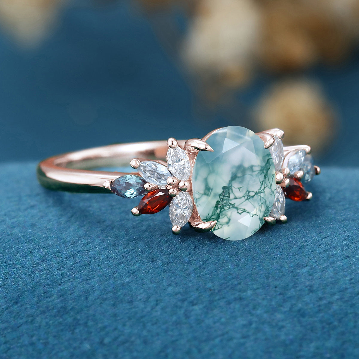Natural Green Moss Agate Oval cut cluster Engagement Ring