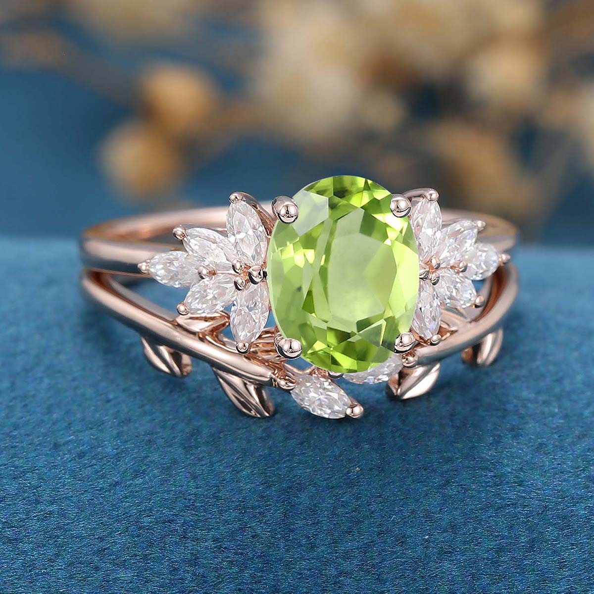 Oval cut Olivine Cluster Engagement ring Bridal Set