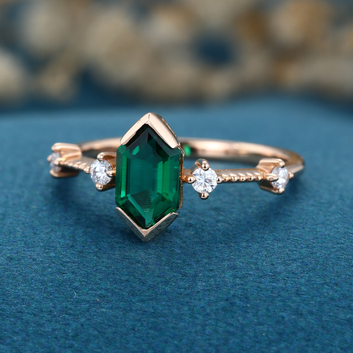 Bezel setting Hexagon cut Lab grown Emerald Solid Gold Engagement Ring