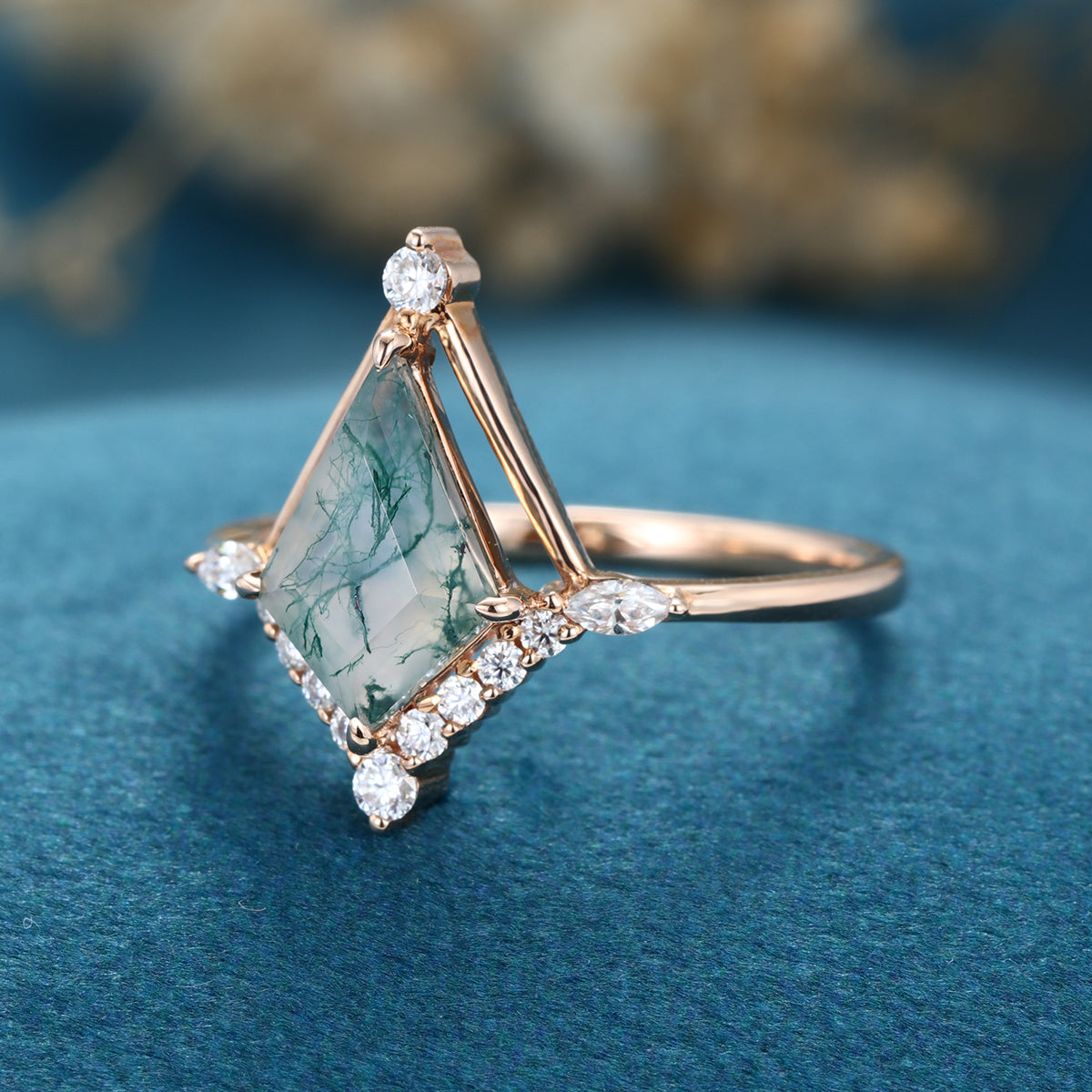 Kite cut Moss Agate Gold Engagement Ring