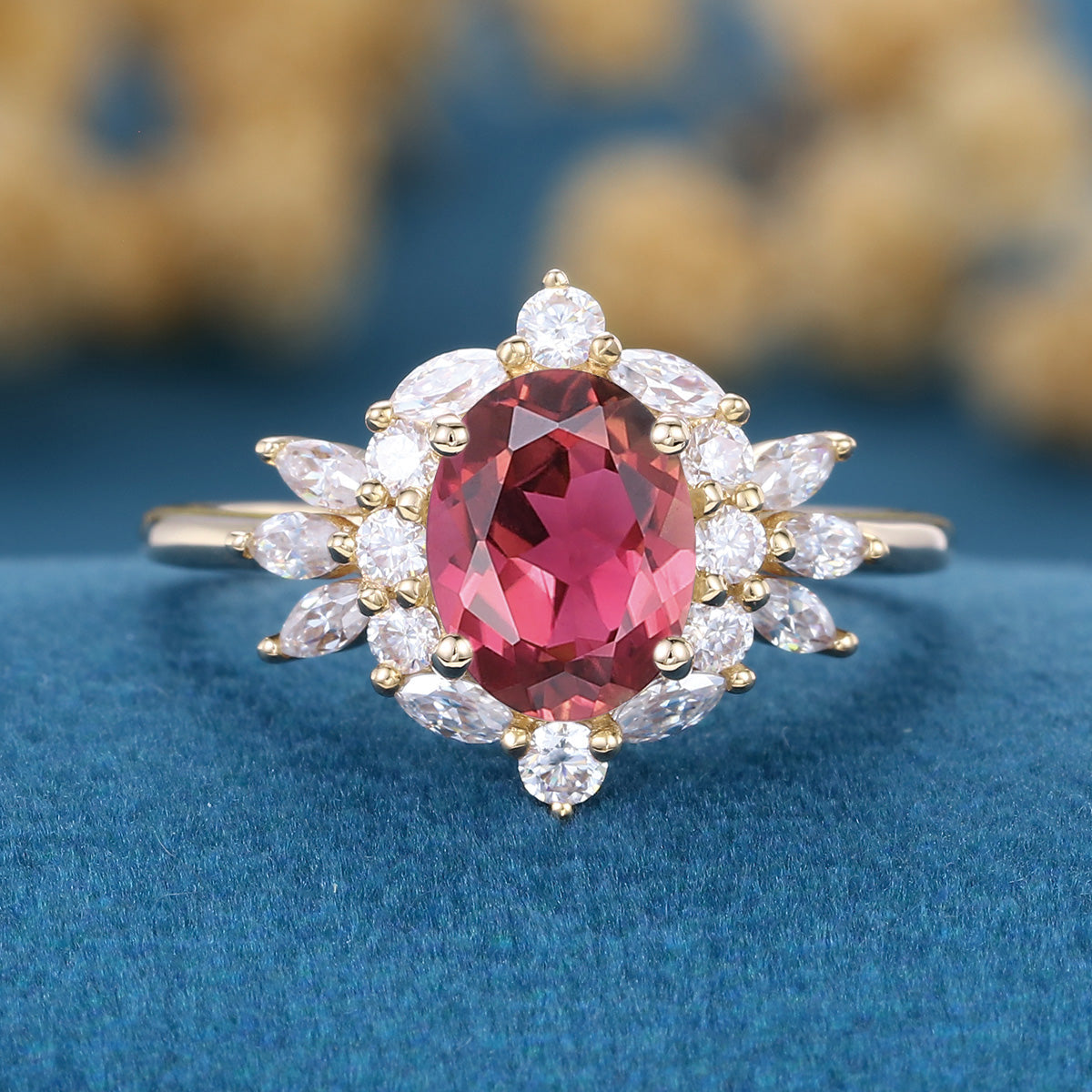 Oval cut Tourmaline Cluster Engagement ring