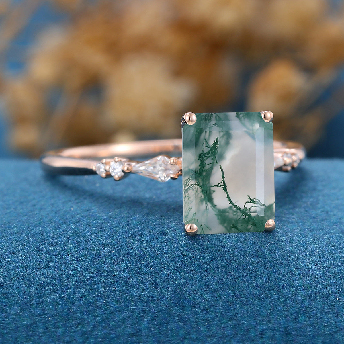 Emerald Cut Natural Green Moss Agate Cluster Engagement Ring