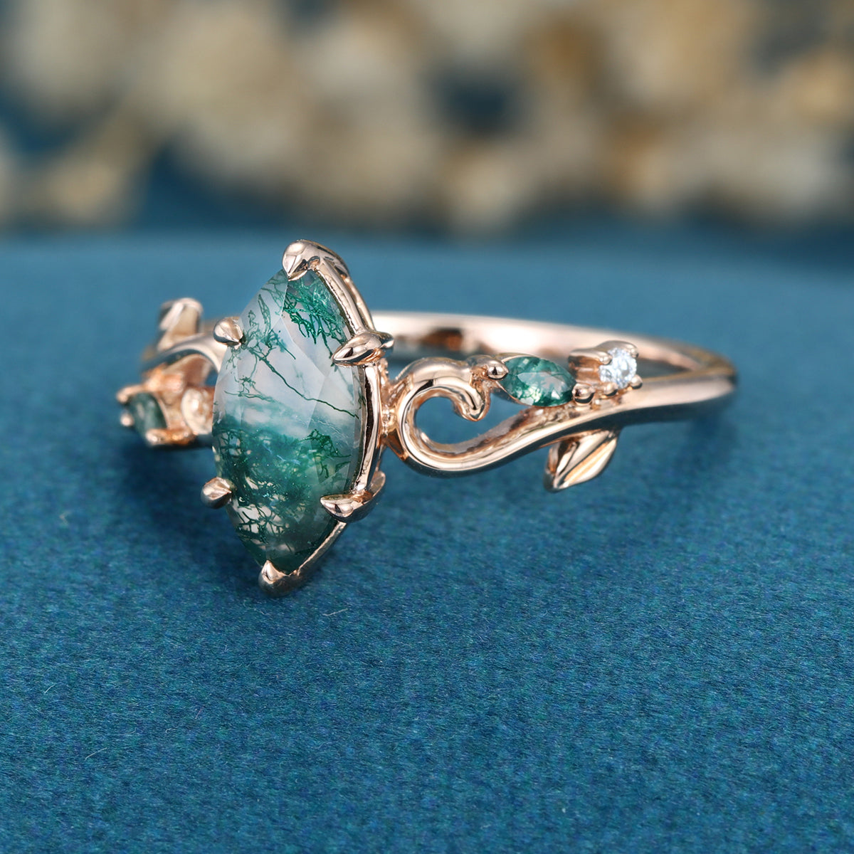 Nature Inspired Marquise cut Moss Agate Solid Gold Engagement Ring