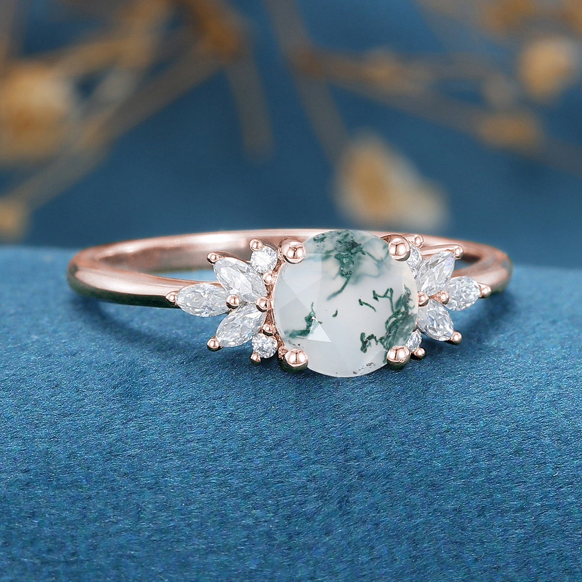 Round Cut Natural Green Moss Agate Cluster Engagement Ring