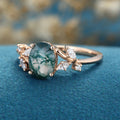 Oval cut Moss Agate + Diamonds Solid Gold Engagement Ring