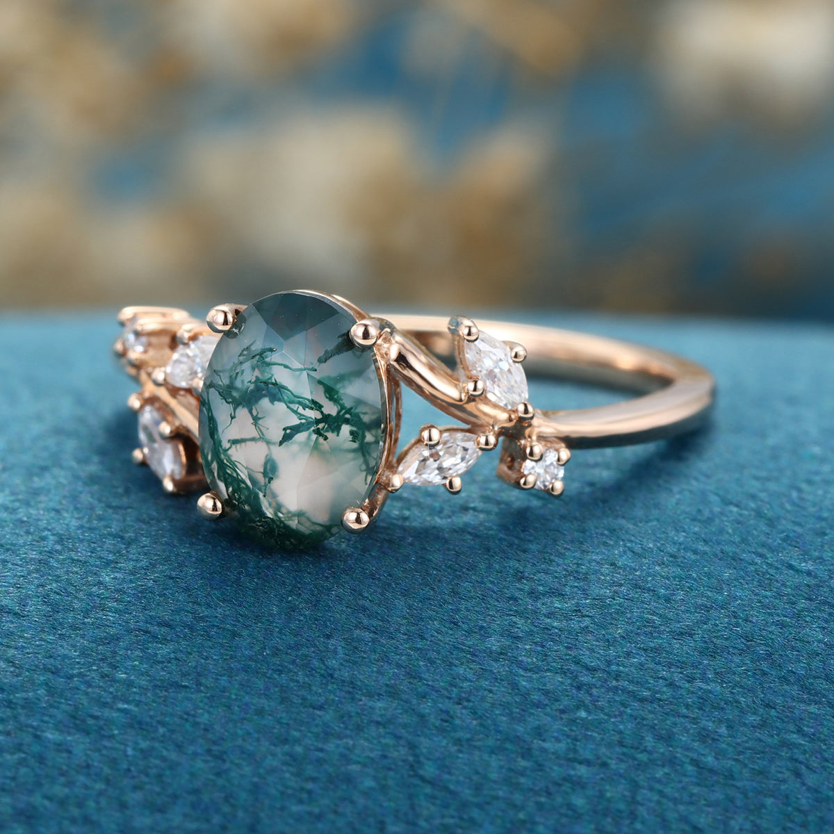 Oval cut Moss Agate + Diamonds Solid Gold Engagement Ring