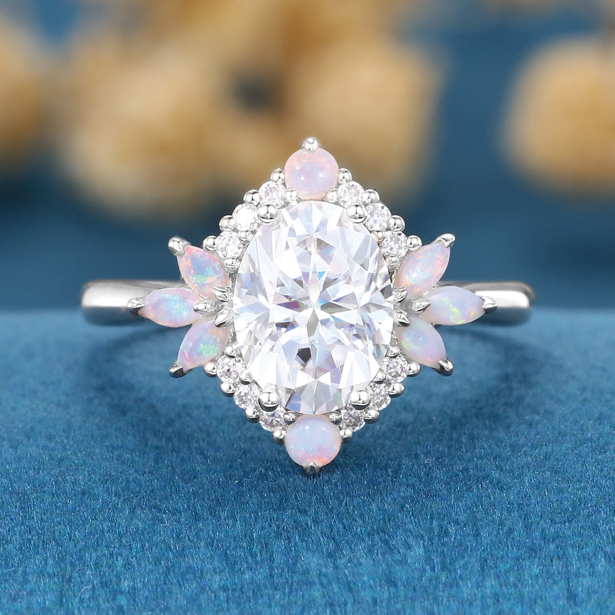 Oval cut Moissanite + Opalrose gold engagement ring