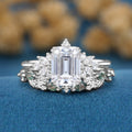 Emerald cut Moissanite Engagement ring +Moss agate Wedding Bridal set