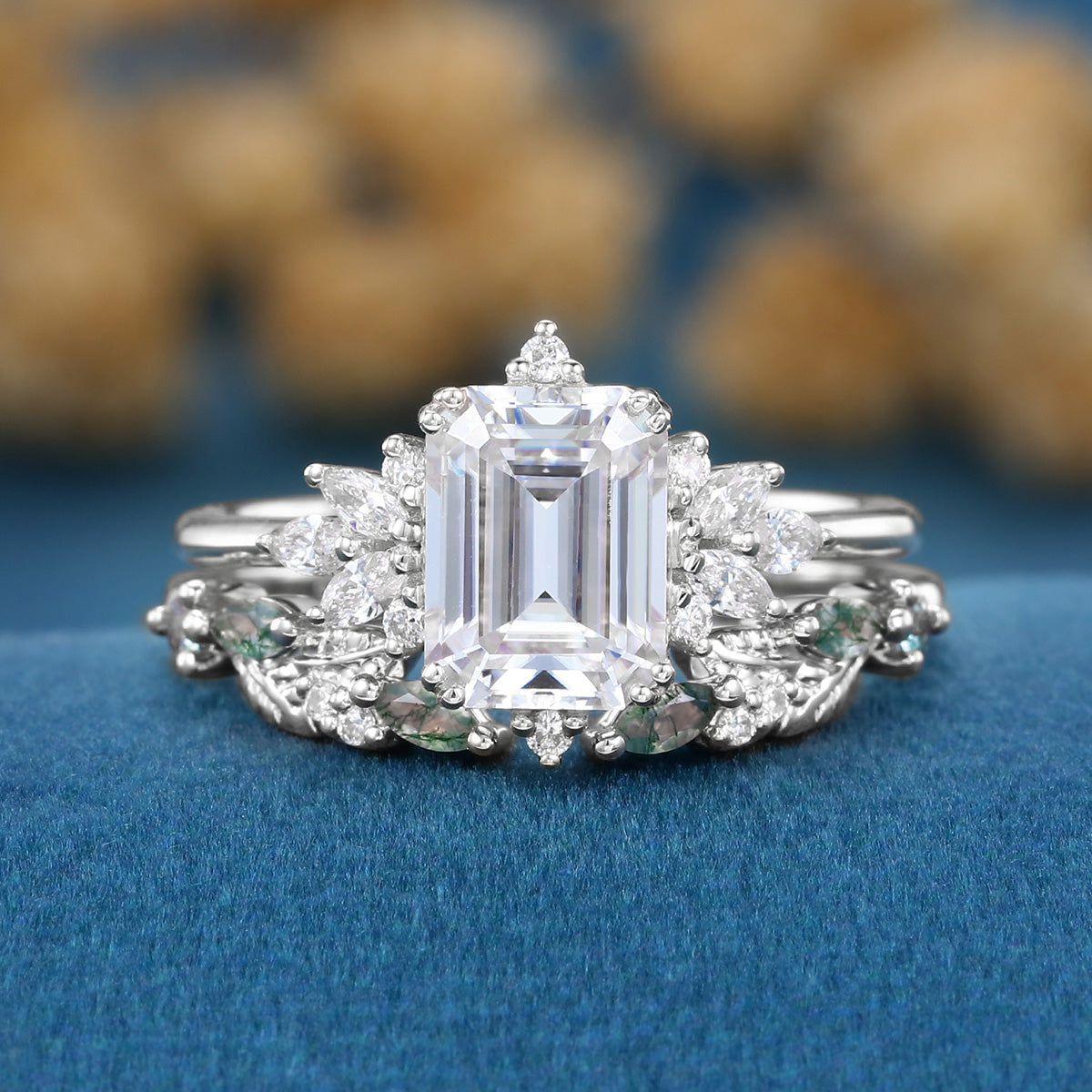 Emerald cut Moissanite Engagement ring +Moss agate Wedding Bridal set