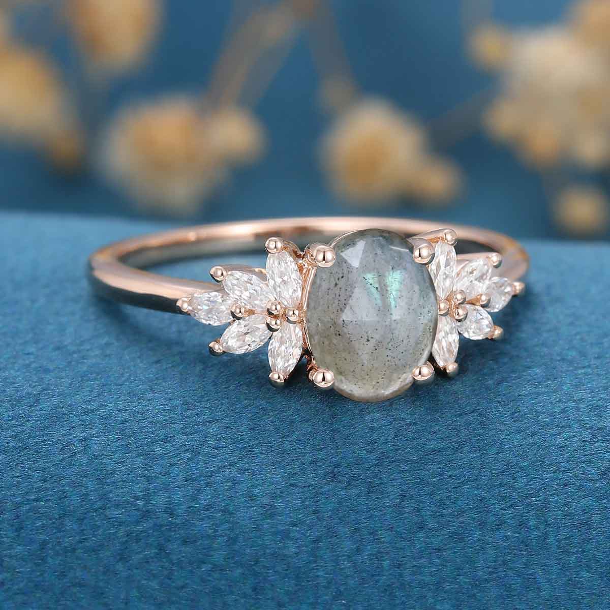 Oval cut Labradorite Cluster Engagement Ring