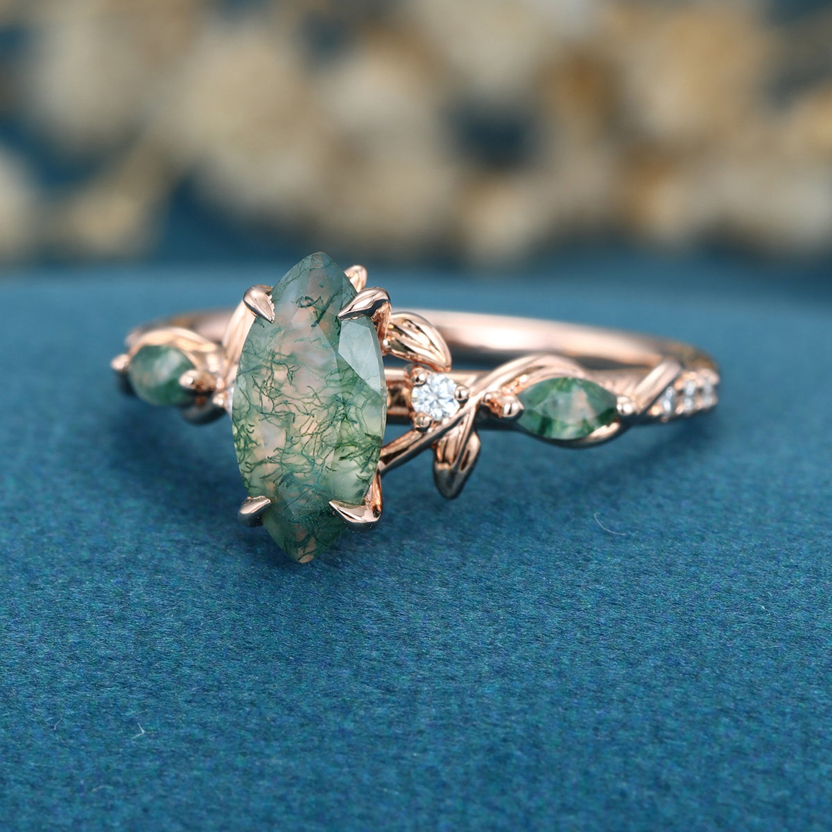 Nature Inspired Marquise cut Moss Agate Solid Gold Engagement Ring