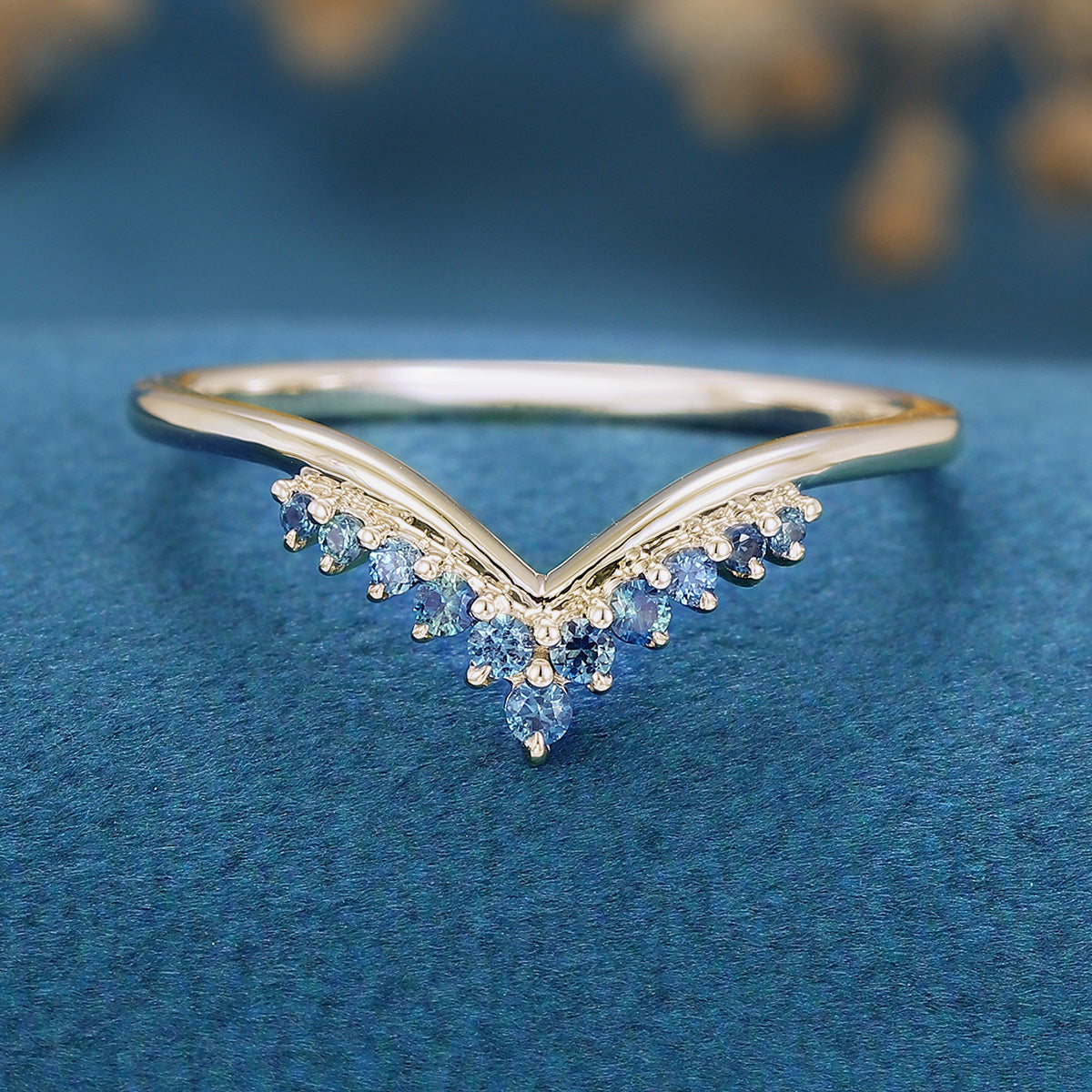 Blue-Green Sapphire Curved Wedding Band Ring