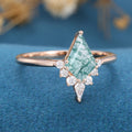 Kite Cut Natural Green Moss Agate Cluster Engagement Ring