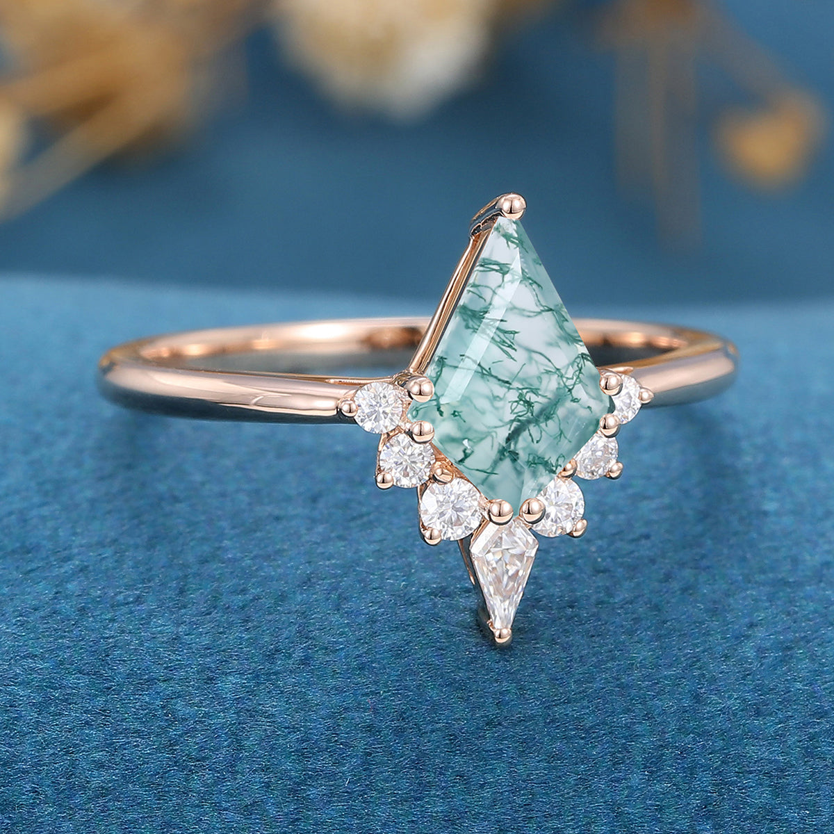 Kite Cut Natural Green Moss Agate Cluster Engagement Ring