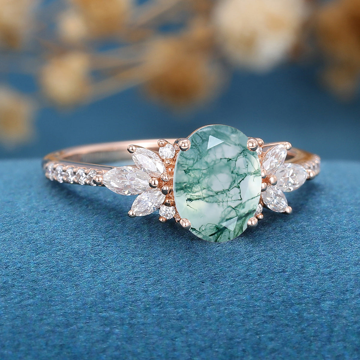 Oval Cut Natural Green Moss Agate Cluster Engagement Ring