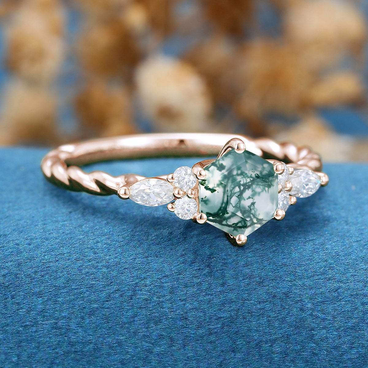 Hexagon Cut Natural Green Moss Agate Cluster Engagement Ring