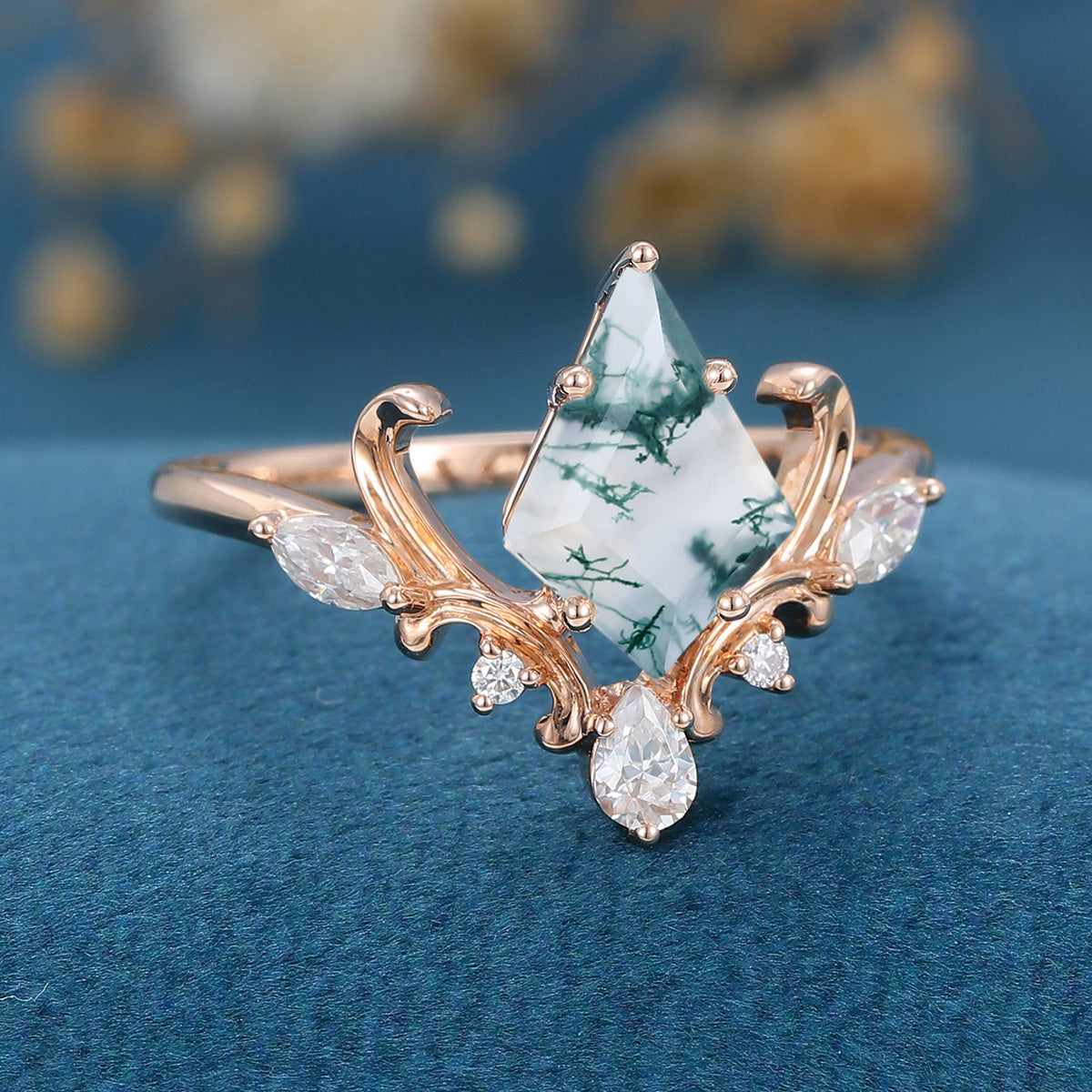 Kite Cut Natural Green Moss Agate Cluster Engagement Ring