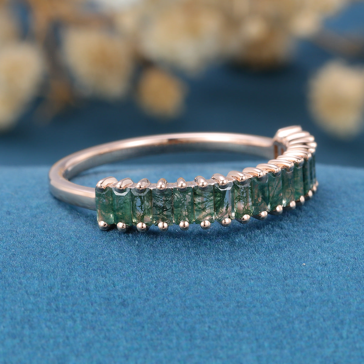 Baguette Moss Agate Half Eternity Wedding Band