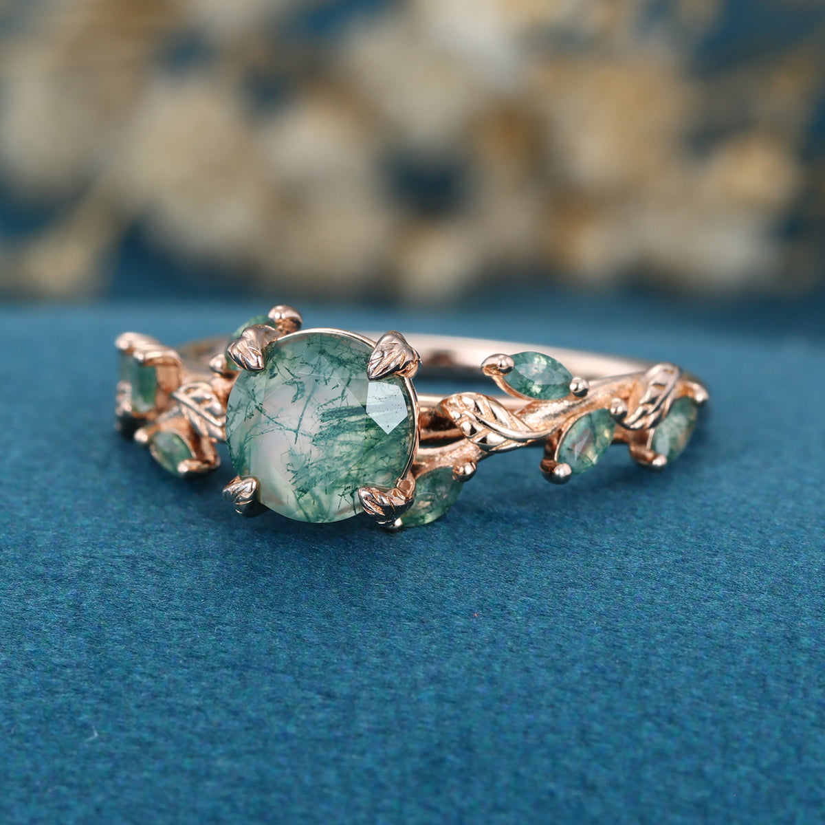 Nature Inspired Round cut Moss Agate Solid Gold Engagement Ring