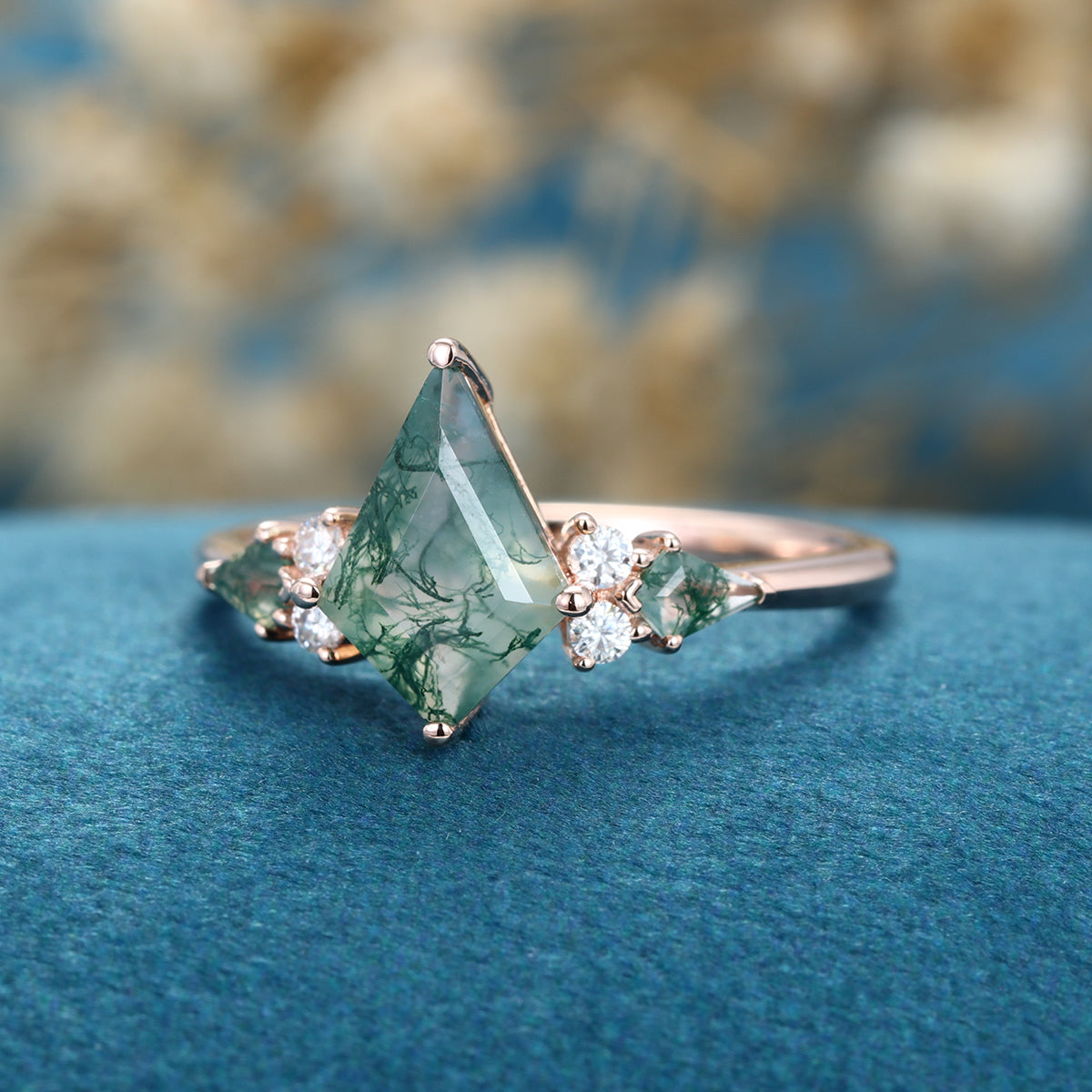 Kite cut Moss Agate Solid Gold Engagement Ring