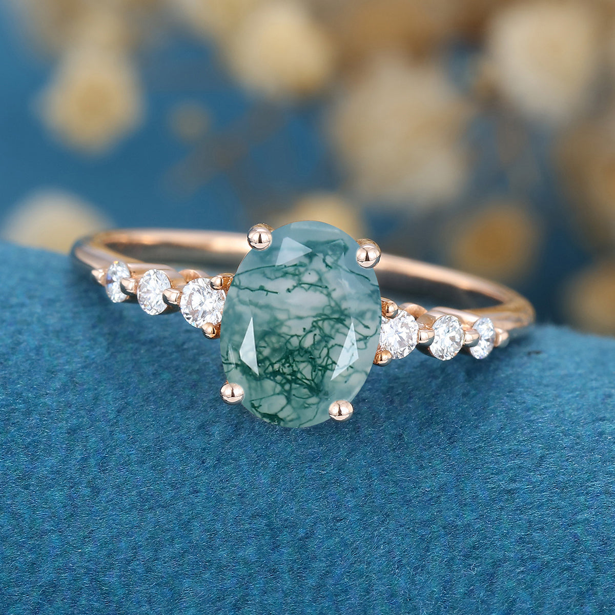 Oval Cut Natural Green Moss Agate Cluster Engagement Ring