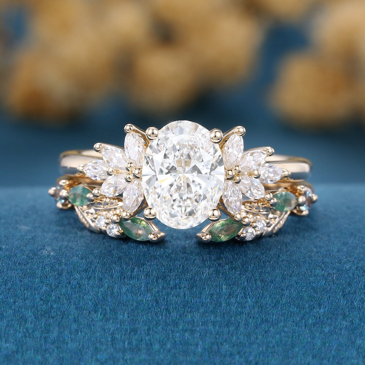 Oval cut Lab-Grown Diamond Engagement ring +Moss agate Wedding Bridal set