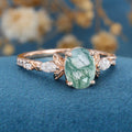 Natural Green Moss Agate Oval cut cluster Engagement Ring