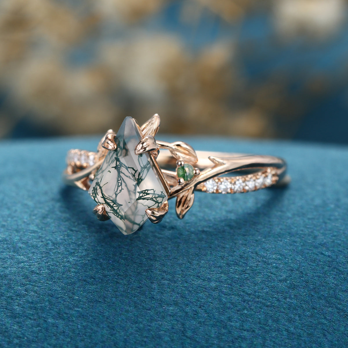 Nature Inspired Kite cut Moss Agate Gold Engagement Ring