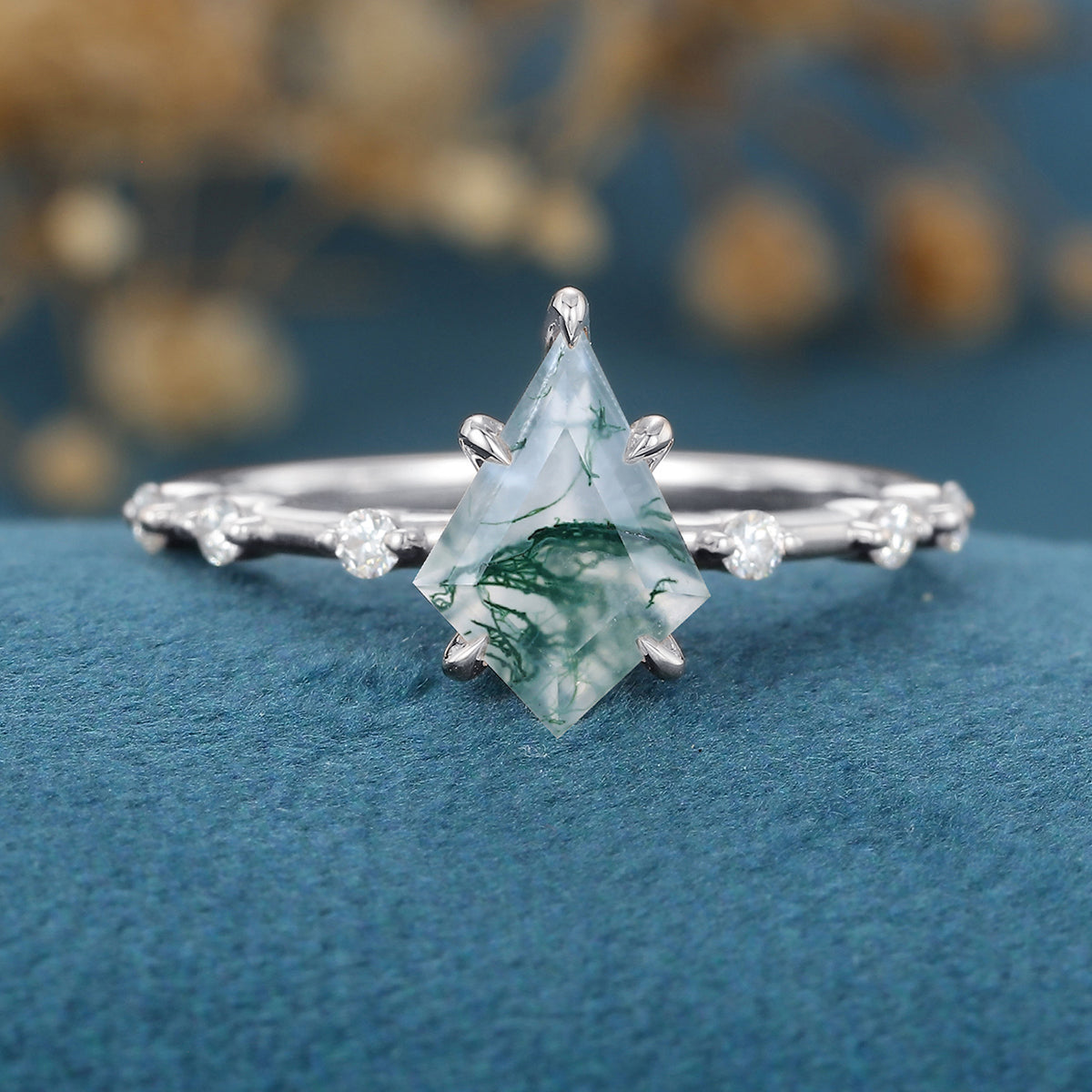 Kite Cut Natural Green Moss Agate Cluster Engagement Ring