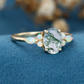 Natural Green Moss Agate Oval cut cluster Engagement Ring